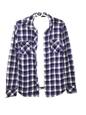 Purple Black White Plaid Fleece Lined Snap Front Flannel Shirt Jacket Size M